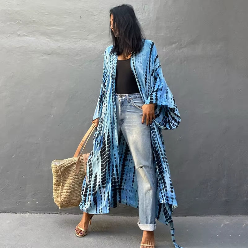 Long Kimono Swimsuit Cover up for Women Stylish Tie Dye Open Front Beach Outfits Bathing Suit