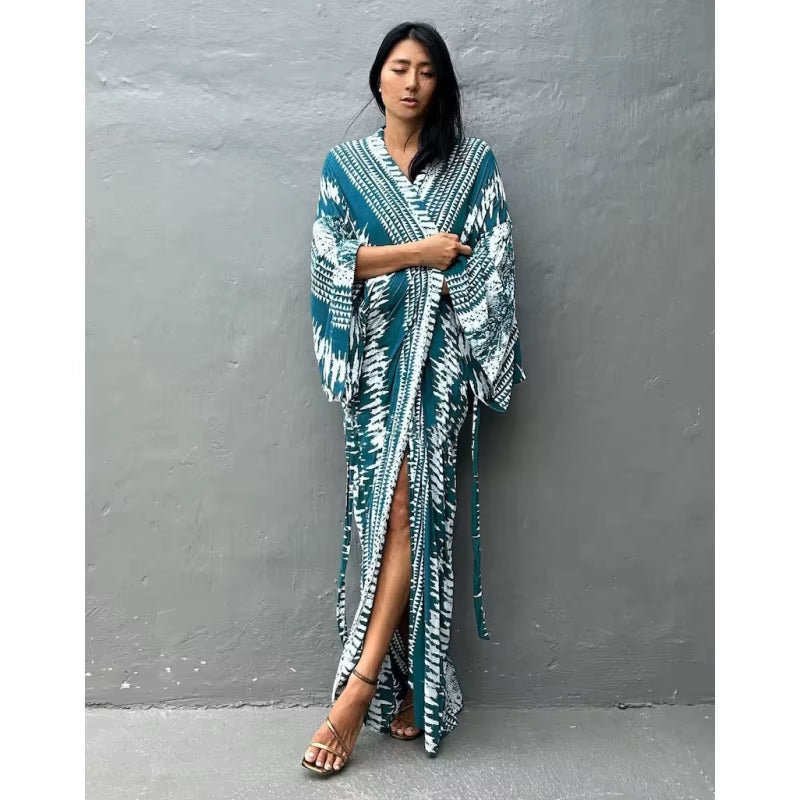 Beach Cover Ups Women Tie Dye Printed Kimono Cardigan Self Belted Wrap Dresses Summer Holiday Bathing Suits