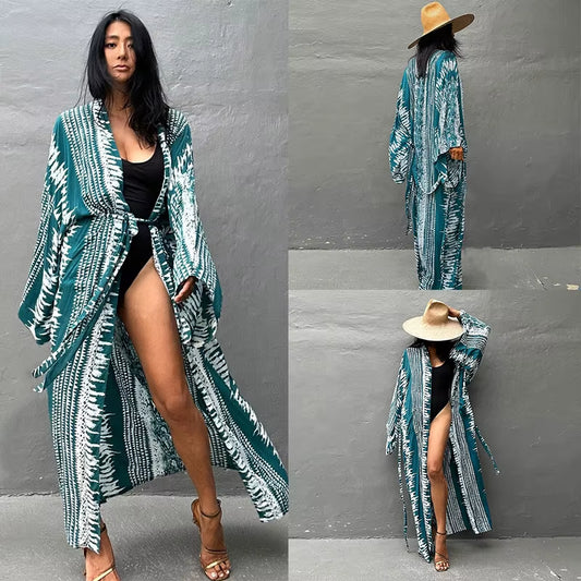 Beach Cover Ups Women Tie Dye Printed Kimono Cardigan Self Belted Wrap Dresses Summer Holiday Bathing Suits