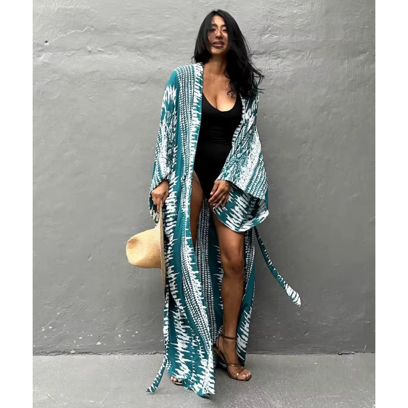 Beach Cover Ups Women Tie Dye Printed Kimono Cardigan Self Belted Wrap Dresses Summer Holiday Bathing Suits
