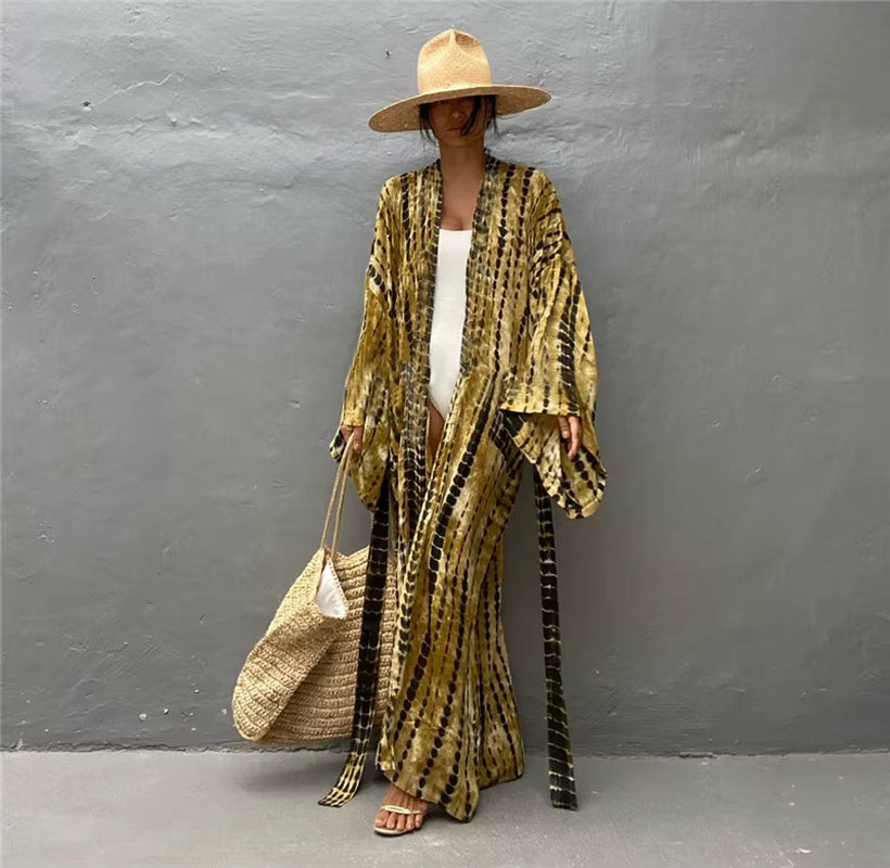 Long Kimono Swimsuit Cover up for Women Stylish Tie Dye Open Front Beach Outfits Bathing Suit