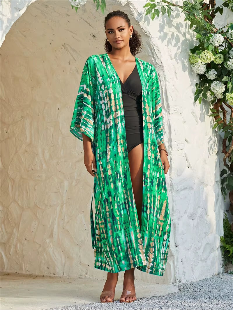 Long Kimono Swimsuit Cover up for Women Stylish Tie Dye Open Front Beach Outfits Bathing Suit