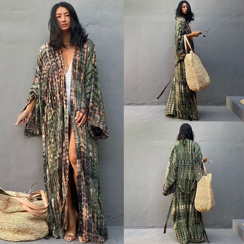 Beach Cover Ups Women Tie Dye Printed Kimono Cardigan Self Belted Wrap Dresses Summer Holiday Bathing Suits