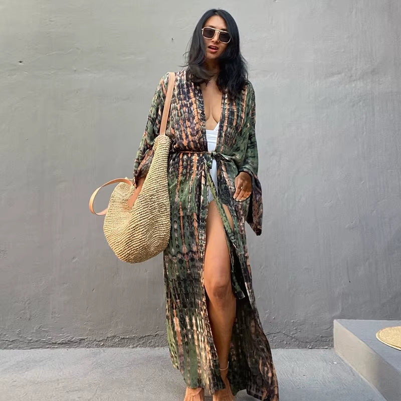 Beach Cover Ups Women Tie Dye Printed Kimono Cardigan Self Belted Wrap Dresses Summer Holiday Bathing Suits