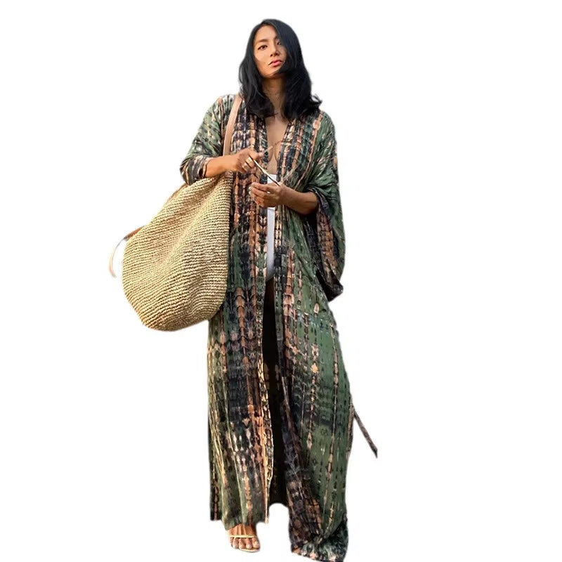 Beach Cover Ups Women Tie Dye Printed Kimono Cardigan Self Belted Wrap Dresses Summer Holiday Bathing Suits