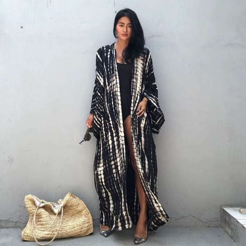 Long Kimono Swimsuit Cover up for Women Stylish Tie Dye Open Front Beach Outfits Bathing Suit