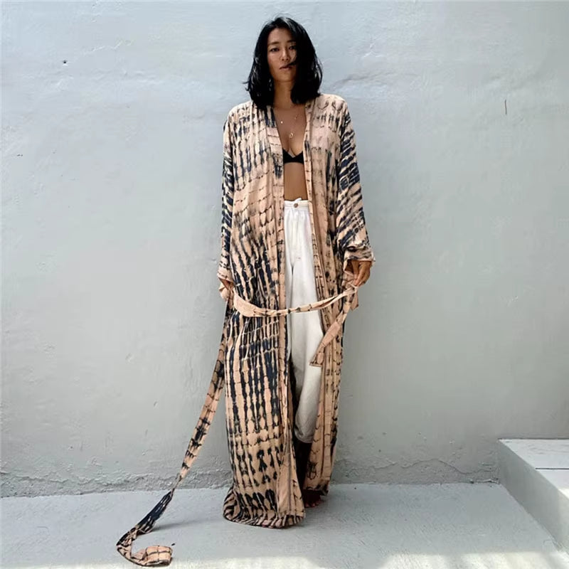 Long Kimono Swimsuit Cover up for Women Stylish Tie Dye Open Front Beach Outfits Bathing Suit