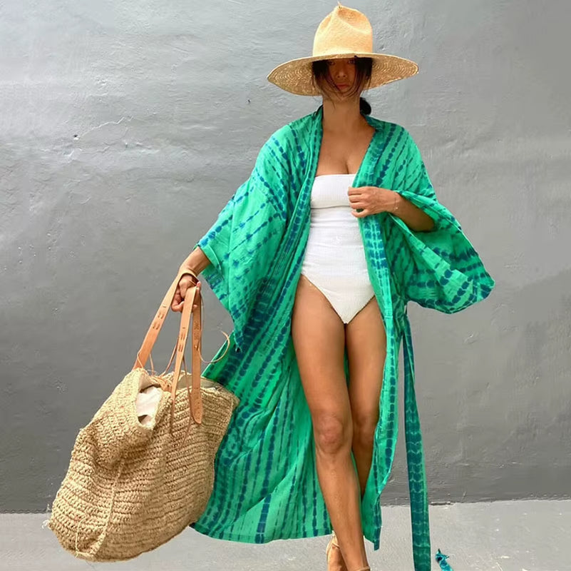 Long Kimono Swimsuit Cover up for Women Stylish Tie Dye Open Front Beach Outfits Bathing Suit